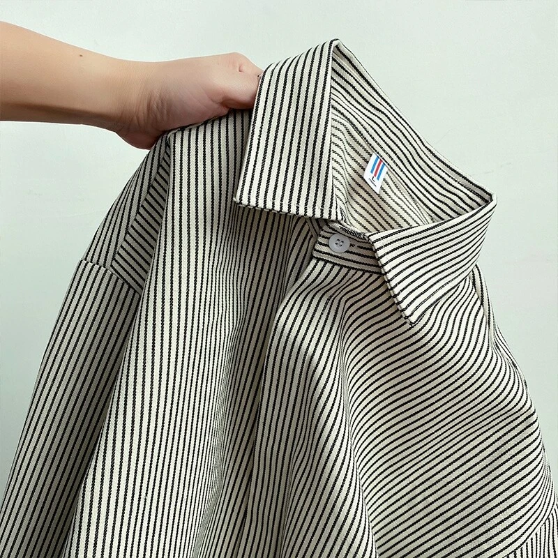 日系复古cityboy衬衫男生春秋长袖痞帅外套条纹港风内搭叠穿衬衣