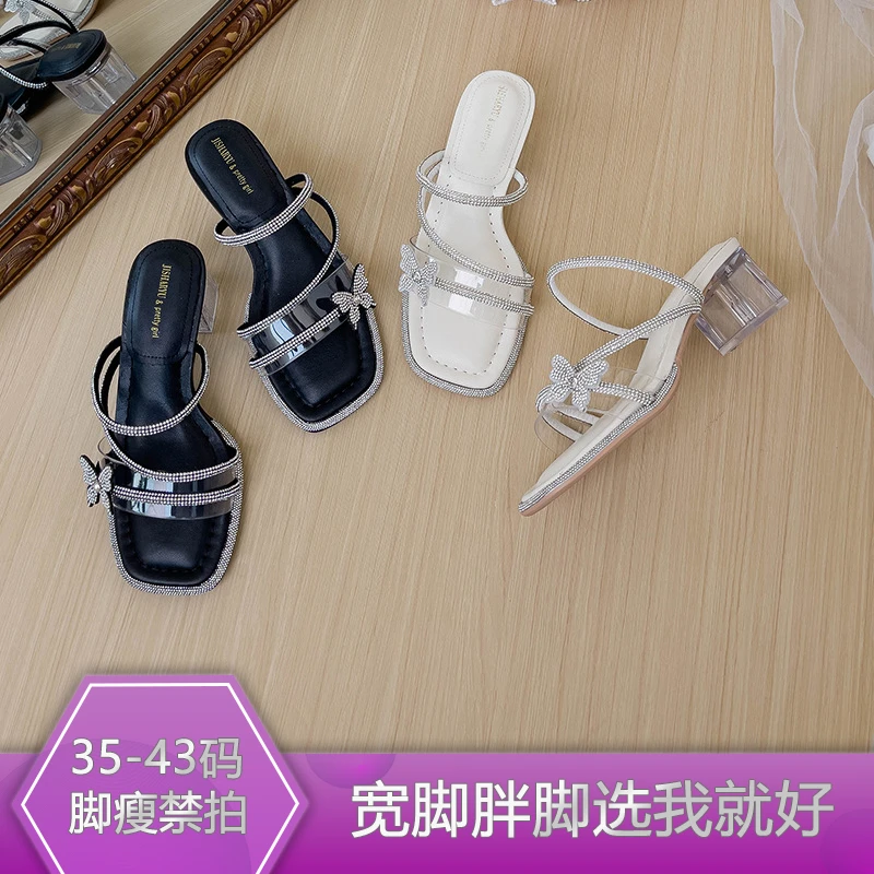 N54037胖脚加宽加肥大码时尚百搭轻奢水钻蝴蝶结透明跟