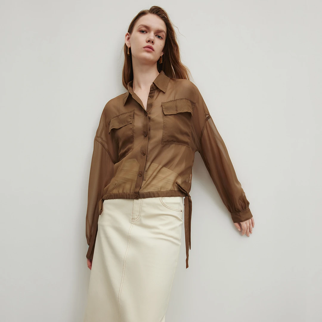 【籽言专属】气质长袖外套女秋季时尚下摆抽绳微透薄款宽松短上衣