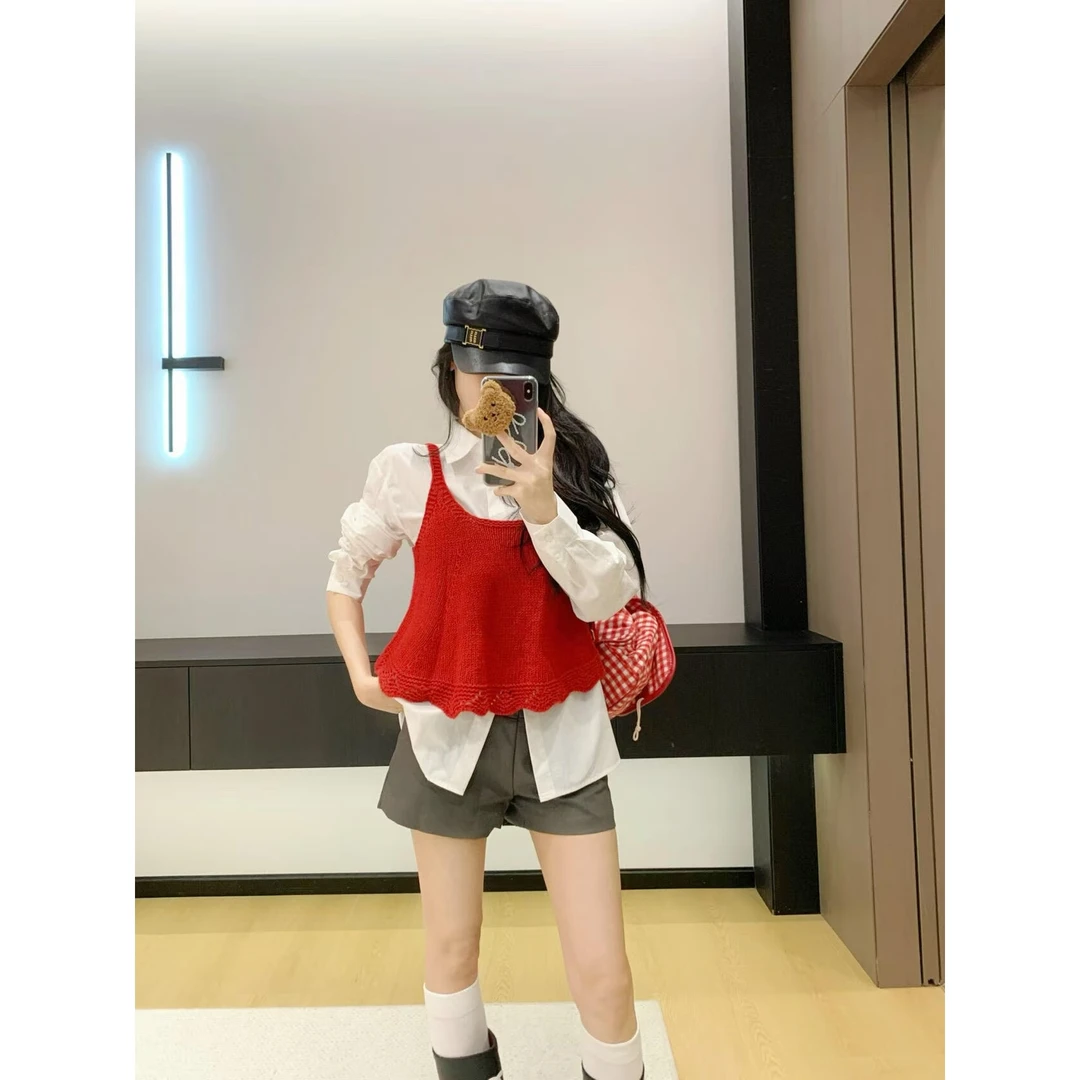 衬衣女款2025新款爆款时尚减龄洋气衬衫上衣吊带短裤三件套