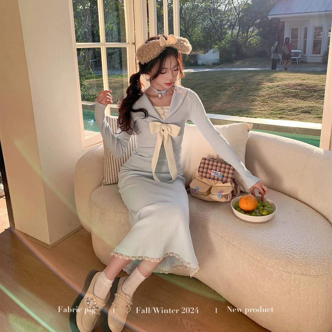 奶蓝甜茶 织物猪原创 海军领长袖针织连衣裙女春季蝴蝶结修身长裙