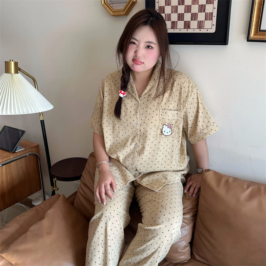 大码胖MM200斤夏季三件套云朵棉奶咖宽松甜美KT波点ins家居睡衣