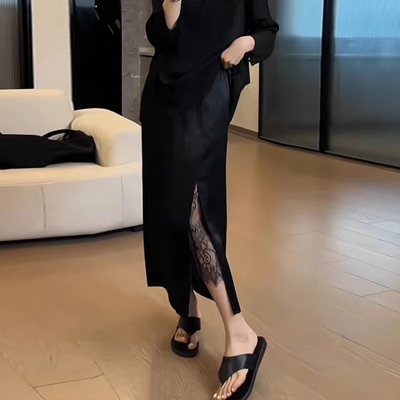 胖mm夏季薄款宽松半身裙女大码高腰垂感显瘦中长款侧开叉A字裙子