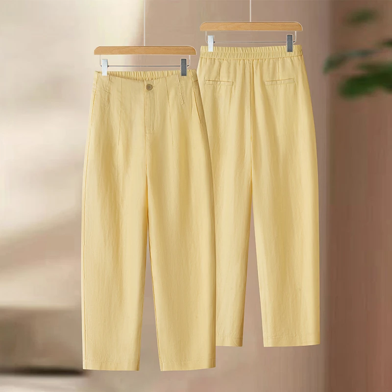 天丝亚麻九分休闲裤女夏季薄款2025新款高腰宽松垂感小个子直筒裤
