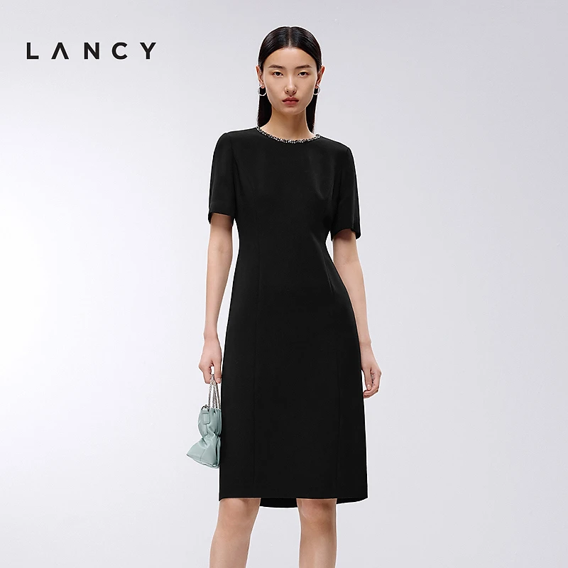 LANCY/朗姿2025春新款高级感收腰显瘦精致钻链连衣裙商场同款新品