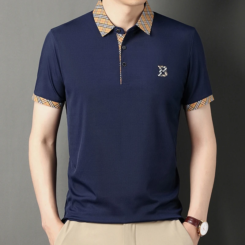 夏季男士短袖翻领POLO衫纯色简约休闲高级感花边领宽松百搭T恤衫