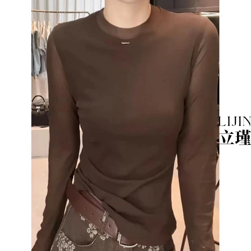 显瘦琥珀流光长袖打底T恤女2025新款秋季圆领设计感上衣