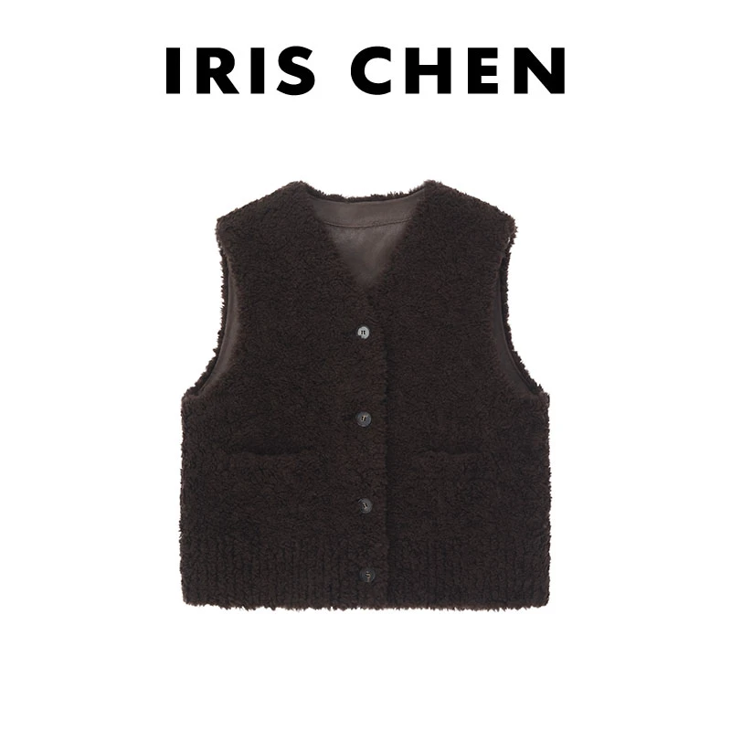 IRIS CHEN 羊毛马甲 25秋冬“100绵羊毛”麂皮轻奢颗粒感25MJ895