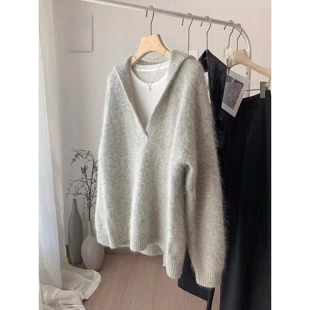 真心舒服！巨推荐！松弛感~灰色针织衫蓬松宽松慵懒大翻领V领毛衣女