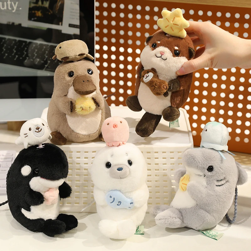 婵宝宝拉线会转玩偶水獭海豹虎鲸鲨鱼公仔书包挂件毛绒玩具小礼物