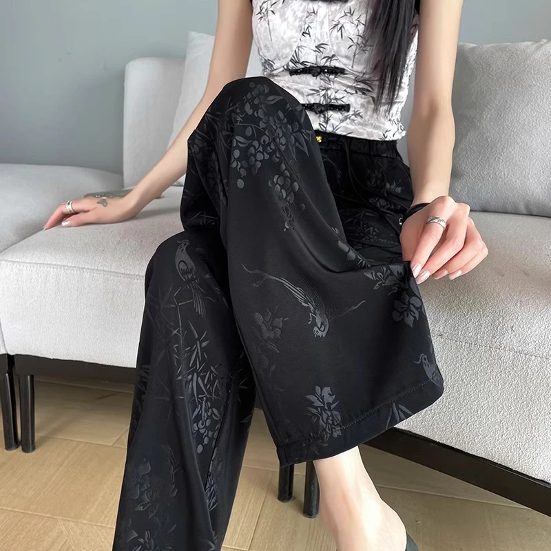 300斤大码新中式国风冰丝阔腿裤女夏高腰宽松显瘦垂感直筒休闲裤