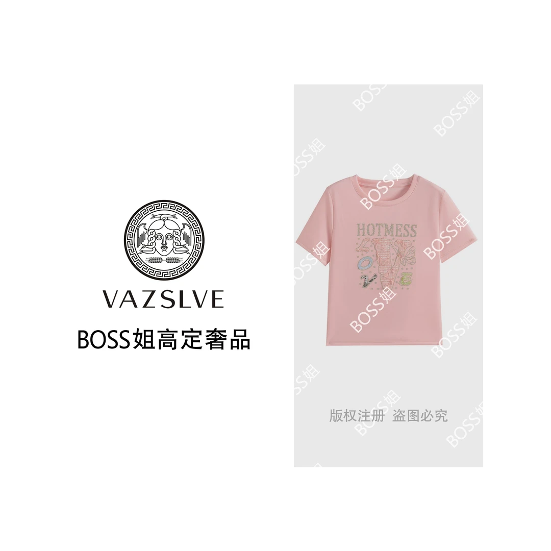 VAZSLVE原创设计重工手工烫钻V字女士短袖T恤