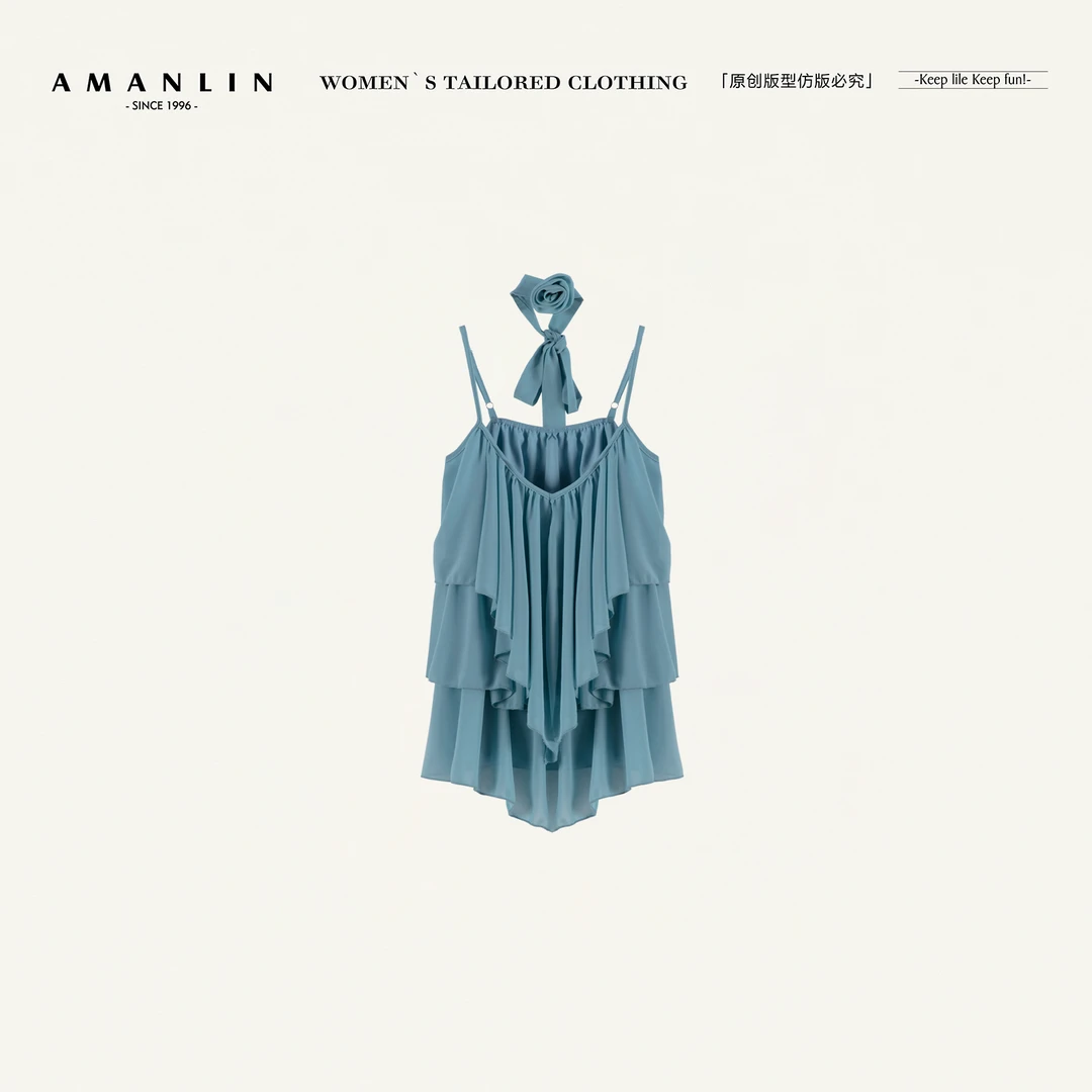 AMANLIN/阿谩琳时尚气质高级感百搭无袖欧若风雪纺衫上衣Y596080