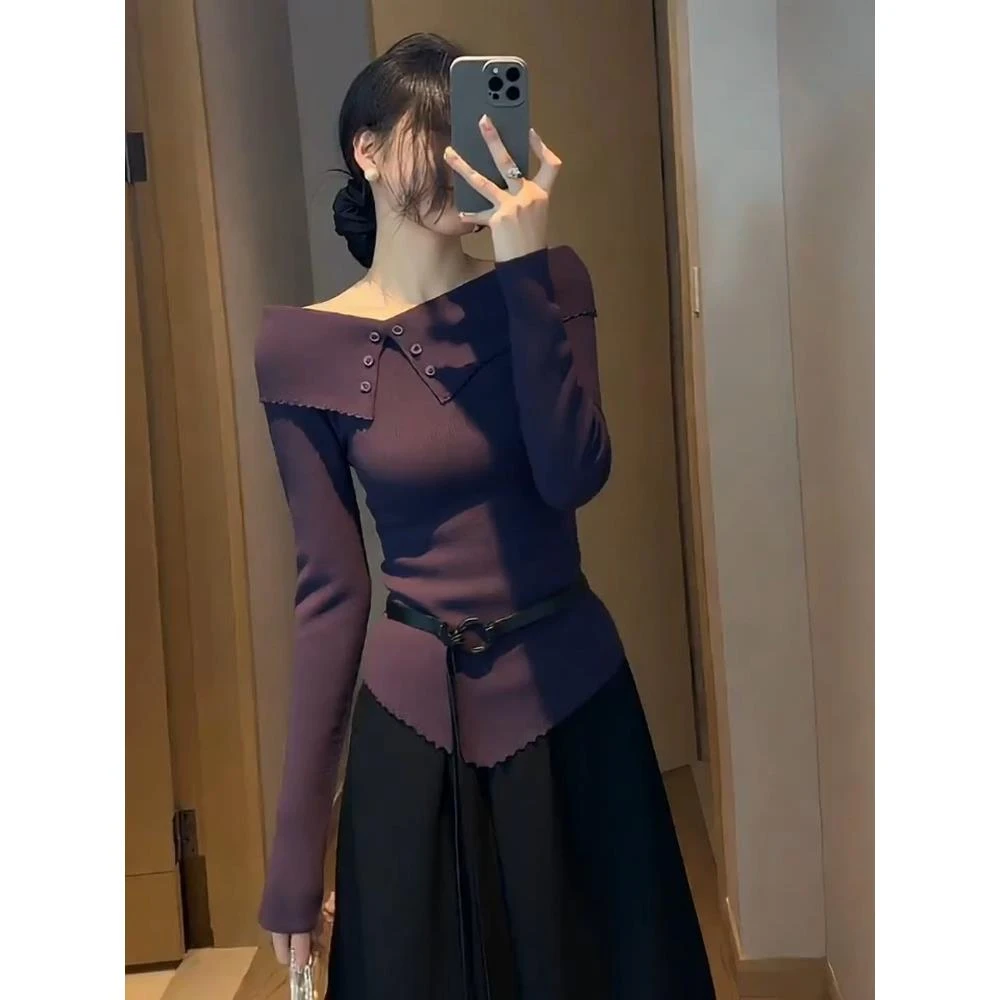 紫色上衣2025秋季新款设计感小众绝美漂亮气质修身内搭打底针织衫