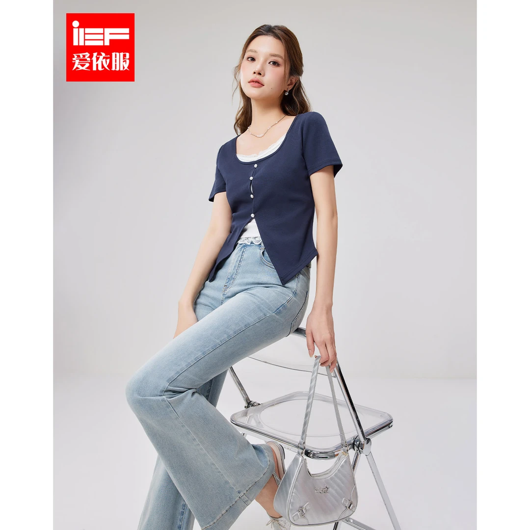 IEF/爱依服短袖2025春夏新款法式甜美假两件设计通勤百搭显瘦上衣