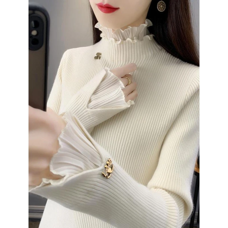 COS MOCO UR大尺码女装蕾丝拼接半高领针织打底上衣女秋冬修身