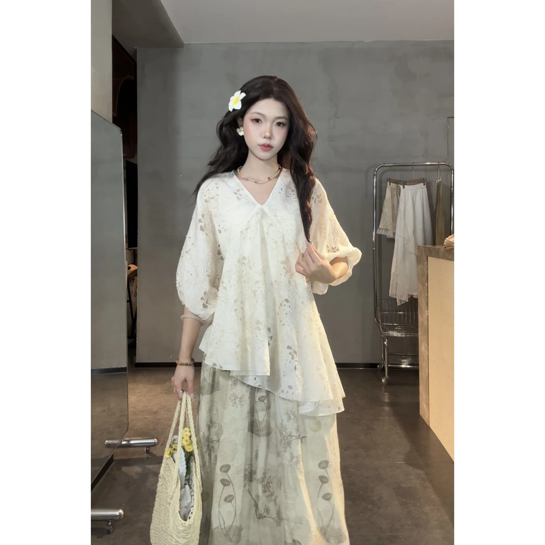 【素锦】新中式上衣V领短袖衬衫独特漂亮小衫宽松高级感青20530