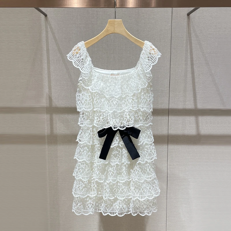 特别漂亮的连衣裙2025夏季新款手工蕾丝花边蛋糕裙减龄蝴蝶结短裙
