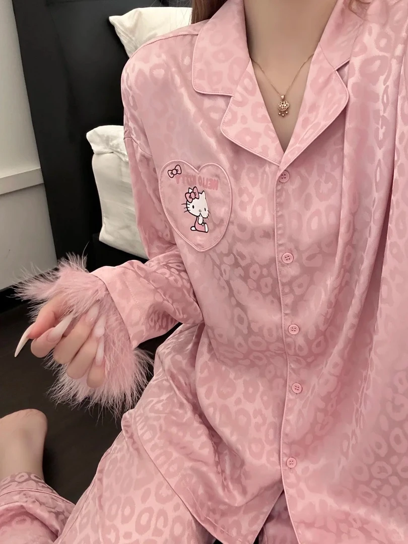 甜美风少女轻奢豹纹kitty冰丝睡衣女秋季新款套装宽松大码家居服