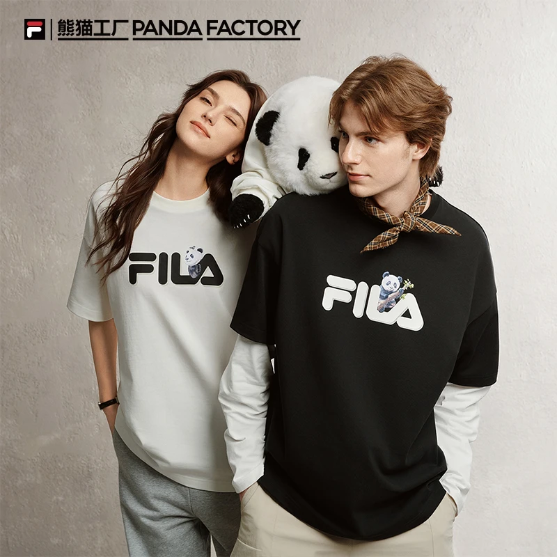 FILA斐乐大熊猫短袖T恤情侣2025秋新品半袖宽松纯棉上衣女运动男