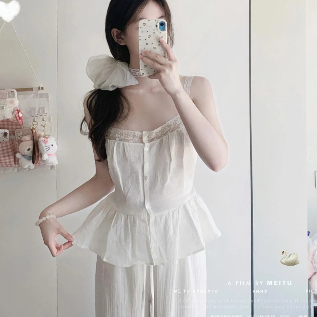 韩系甜美白色吊带雪纺背心女夏季外穿无袖亚麻蕾丝高级感绝美上衣