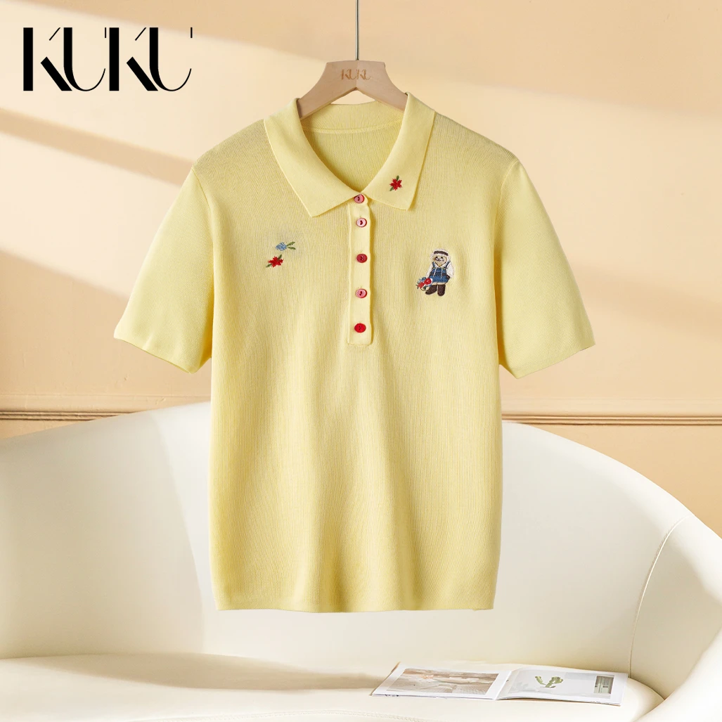 夏季新款【俏皮减龄】定制刺绣显瘦夏季翻领POLO衫薄女针织衫5976