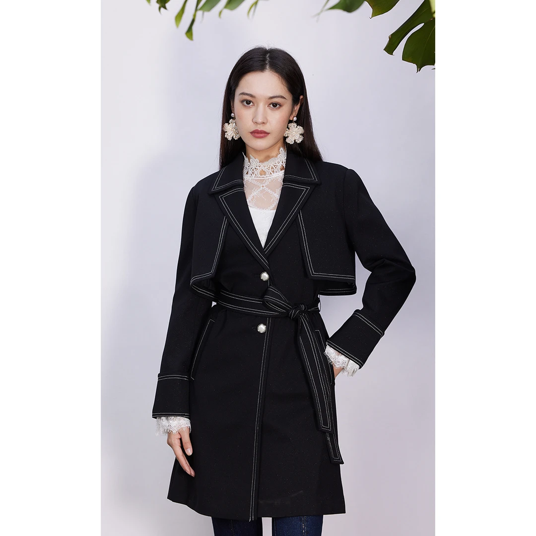 两件套中长款风衣时尚收腰大衣秋冬秋季黑色气质外套150410006