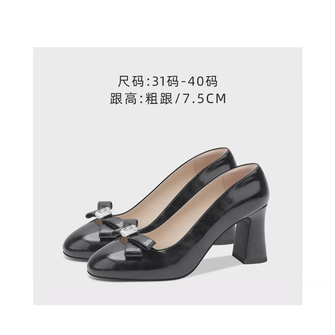 黑色复古一脚蹬高跟鞋2025春季新款圆头配蝴蝶结时尚不累脚高跟鞋