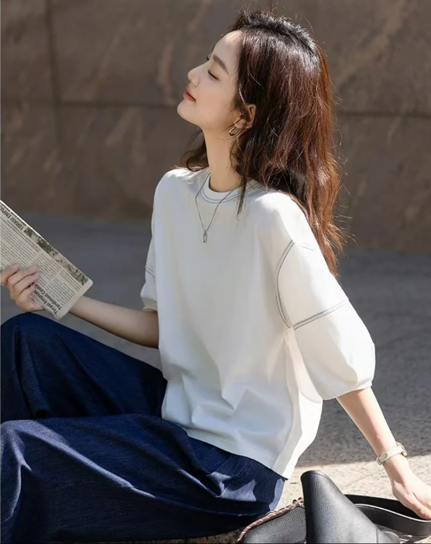 春夏韩系灯笼袖复古明线拼接宽松百搭白色短袖圆领T恤外搭上衣
