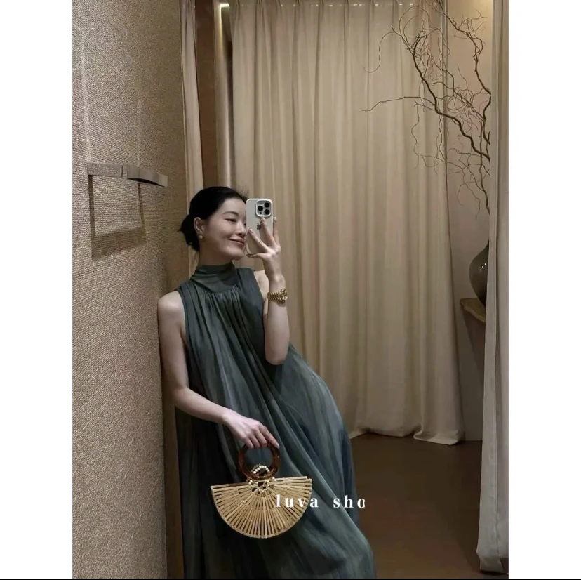 国风无袖挂脖式复古汉元素夏季渐变长款连衣裙