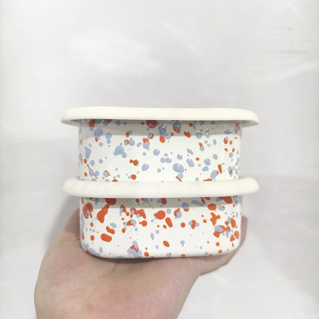 【大白专属】14厘米 容量0.5L 橙蓝内外泼墨 家用搪瓷方形保鲜盒