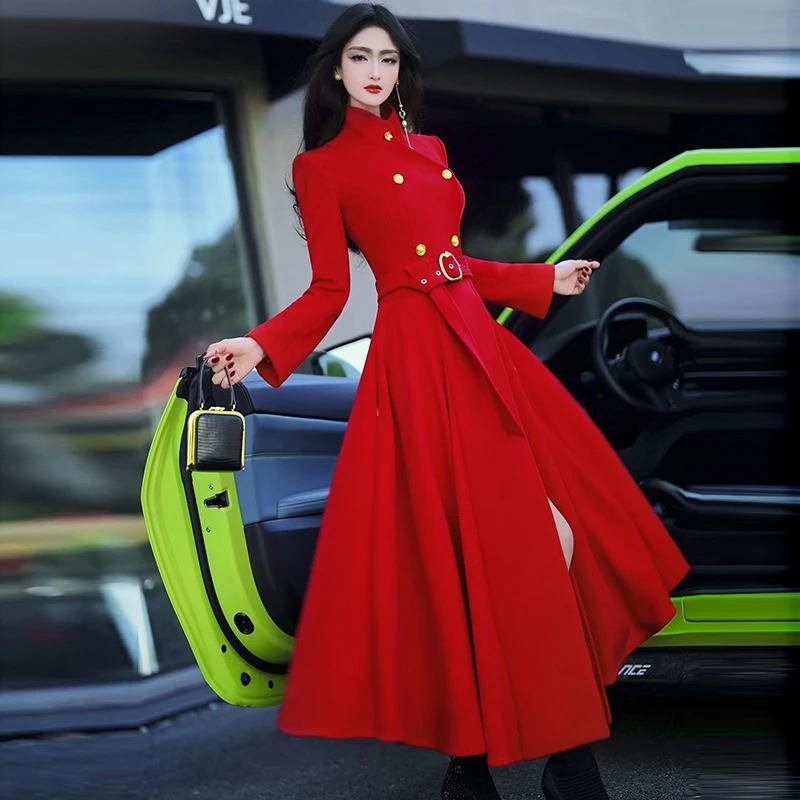 绵羊毛中长款过膝收腰红色大衣冬季新款英伦风气质毛呢外套