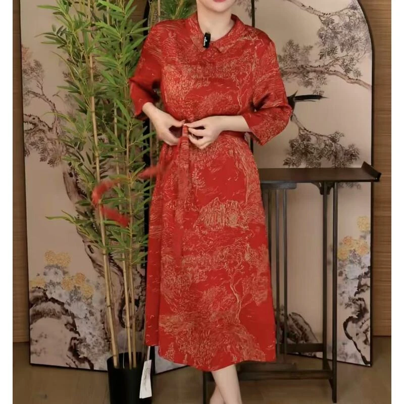 新款上新贵夫人妈妈长袖高端洋气名媛气质女人味高贵连衣裙A127