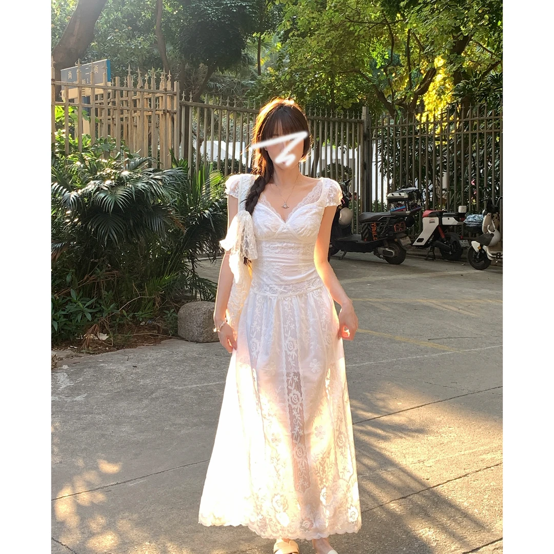 三鱼法式A型小飞袖白色连衣裙女夏季度假蕾丝假两件漂亮长裙裙子