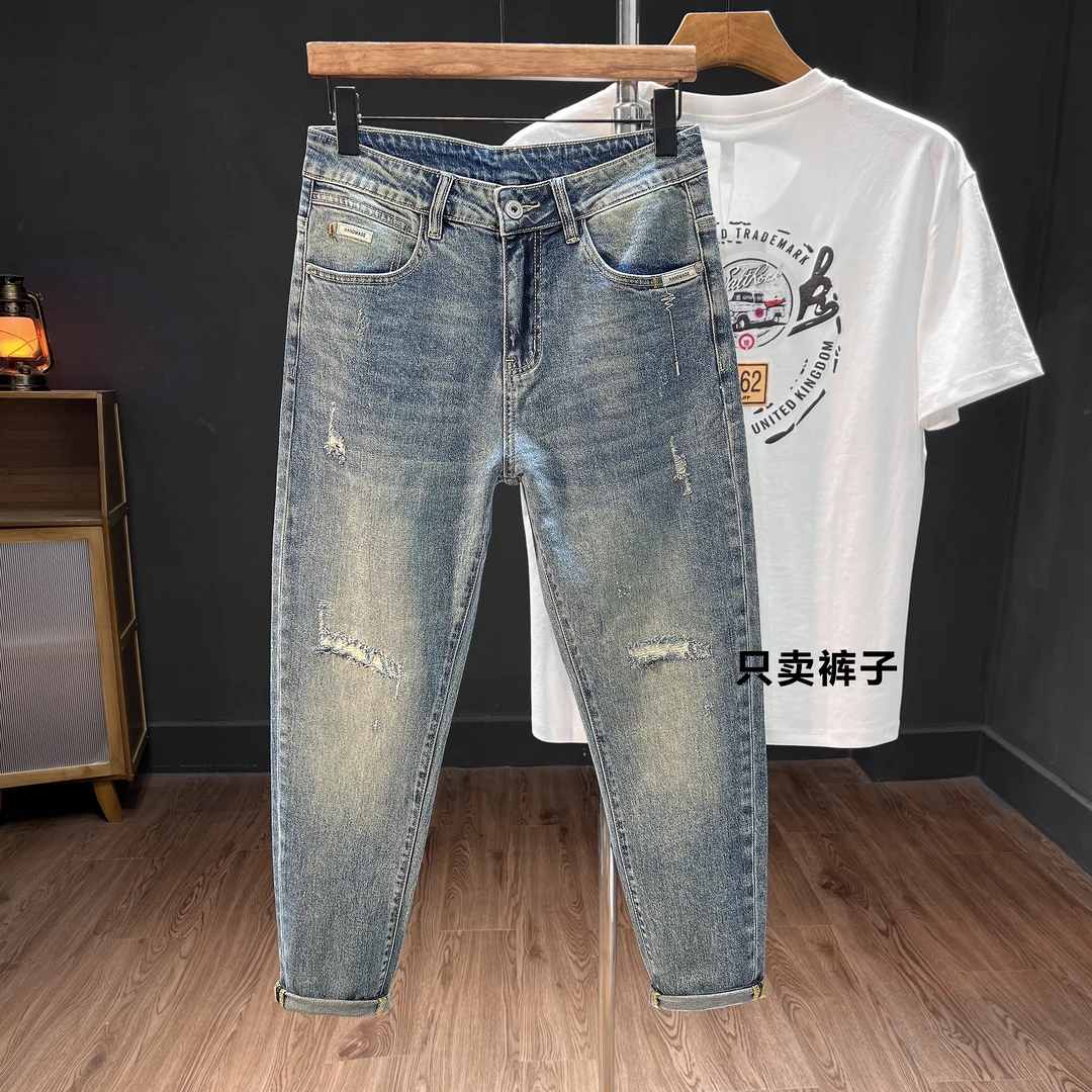 （八分/九分）春夏薄款破洞补丁牛仔裤男修身小脚裤弹力小个子男装