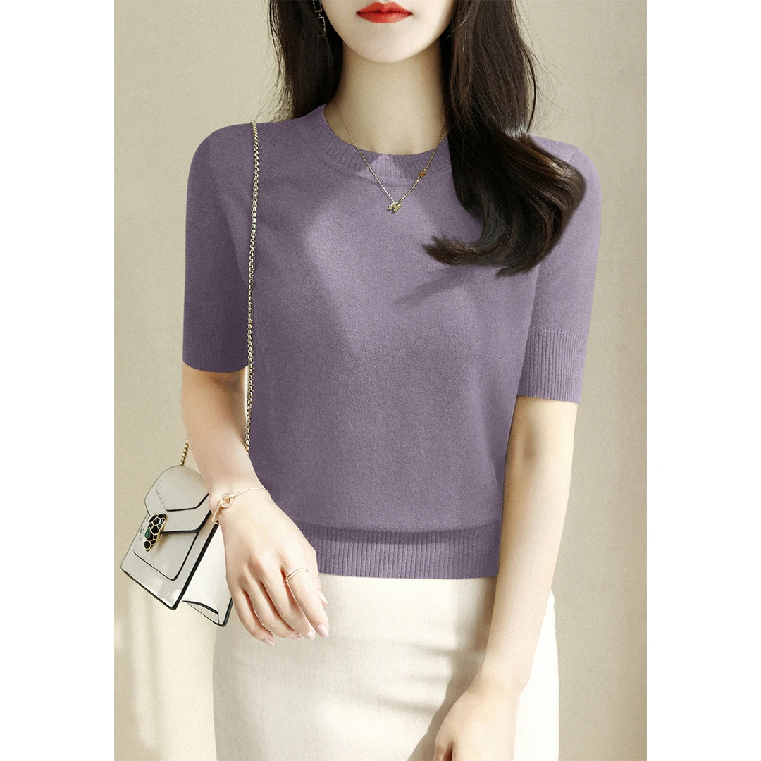 丁香紫宽松显瘦气质圆领短袖针织衫女2025秋季新款高级感T恤上衣