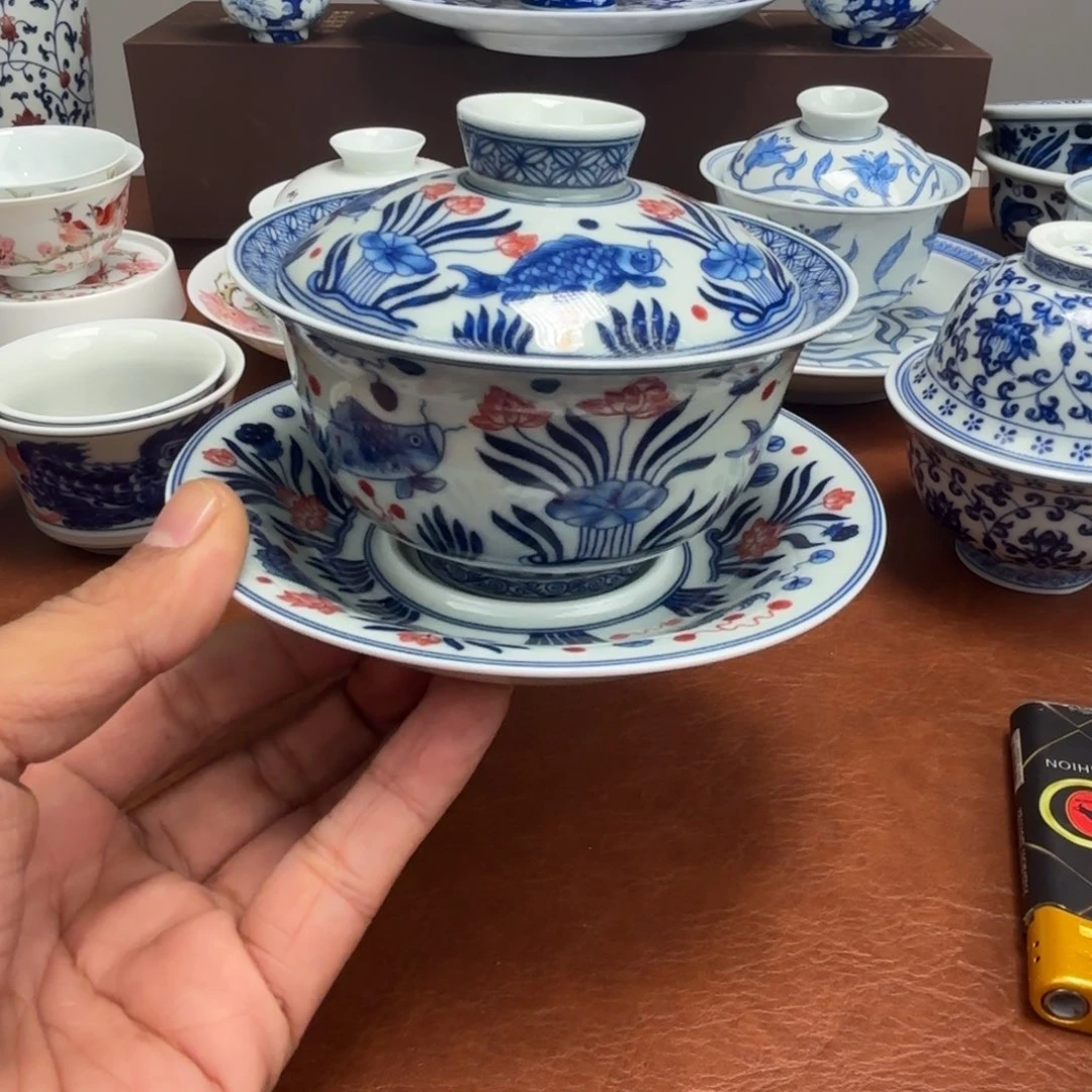 陶摆件微瑕釉里红鱼藻纹三才盖碗景德镇发货