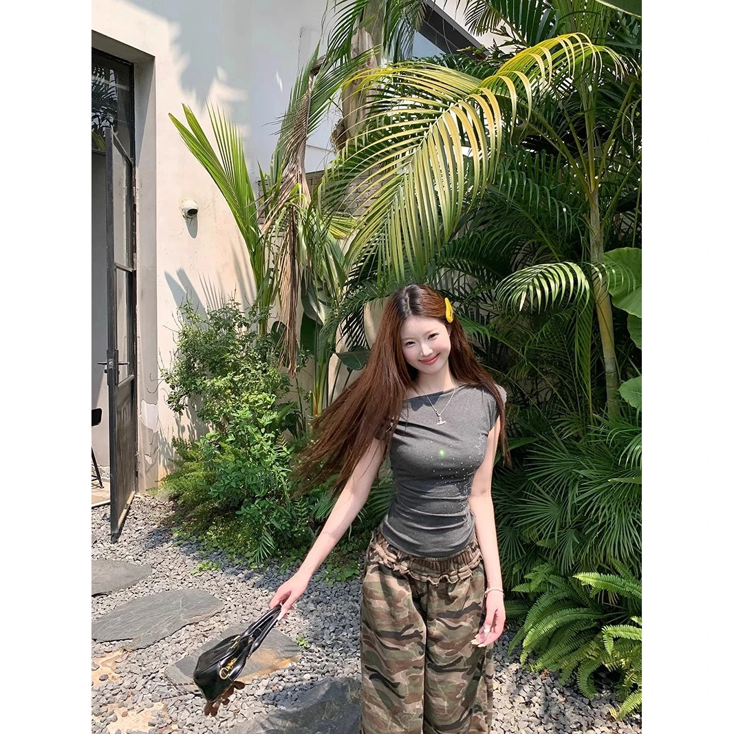 美式辣妹灰色星星斜肩短袖T恤女夏季设计感小众露肩紧身短款上衣
