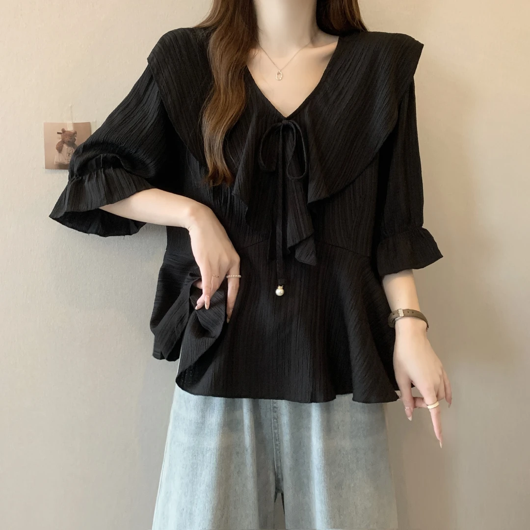 大码女装遮肚子荷叶边正肩t恤打底衫女夏季胖mm宽松短袖雪纺上衣