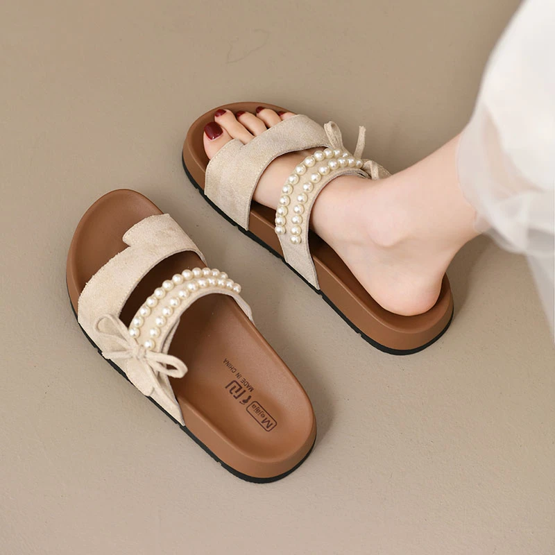 勃肯凉拖鞋女2025夏季新款百搭法式休闲珍珠蝴蝶结夹趾一字凉拖鞋