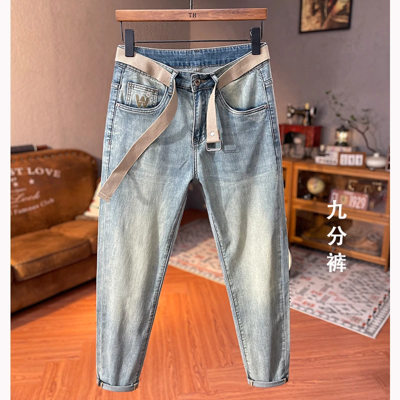 轻薄透气柔软男士九分牛仔裤夏季潮流休闲时尚复古百搭修身小脚裤