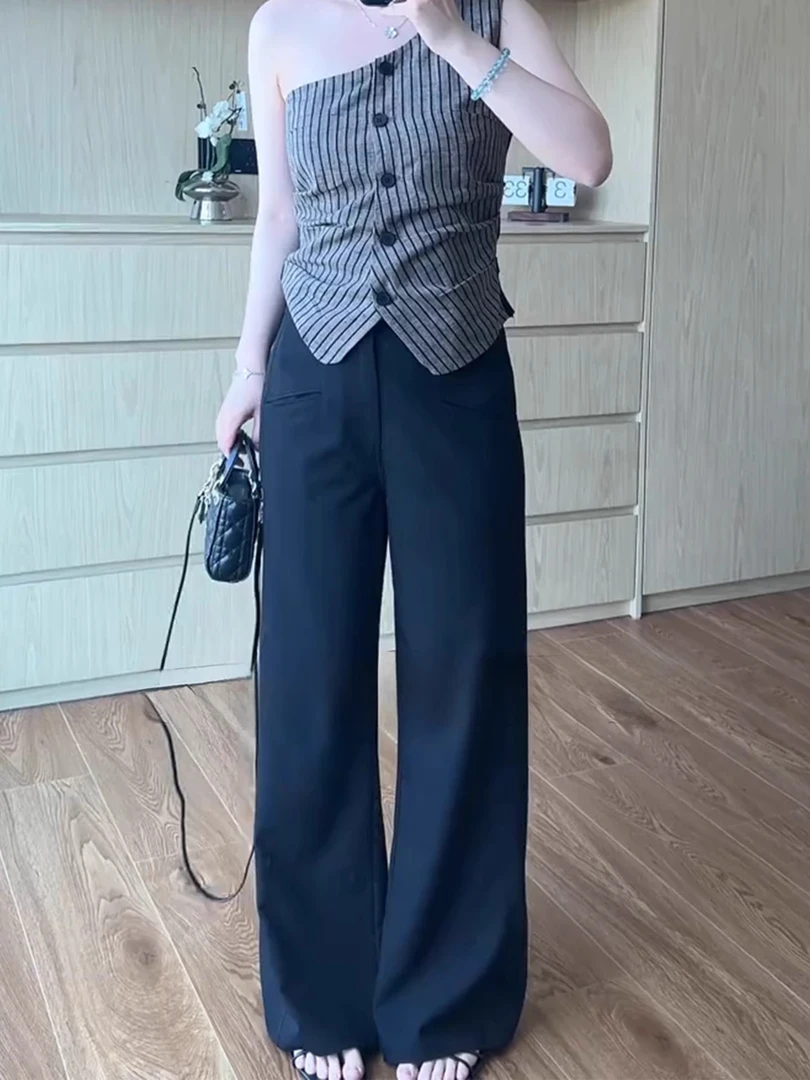 黑色西装微喇裤女新款胖妹妹mm高腰显瘦梨形身材直筒阔腿休闲裤子