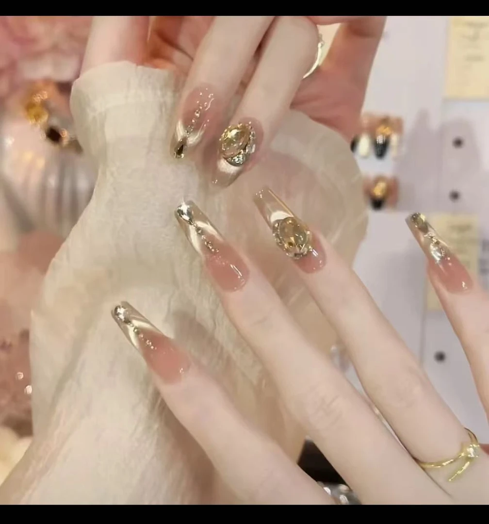 【日照金山】纯手工穿戴甲春日爆闪手作微笑猫眼光疗美甲贴可拆卸