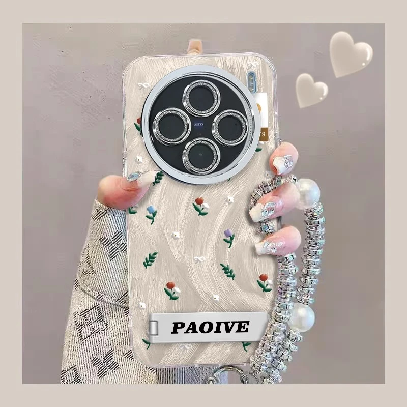 适用vivox200手机壳闪粉镜头膜网红女款轻奢高档小碎花带支架手链