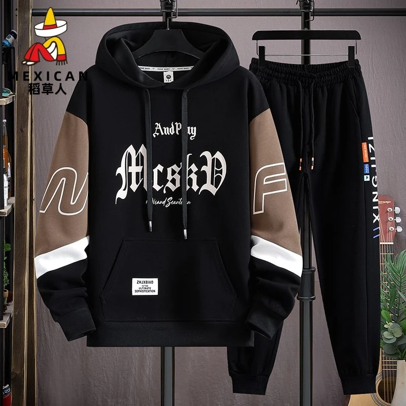 稻草人拼接印花连帽外套男孩卫衣青少年春秋款宽松休闲卫裤两件套