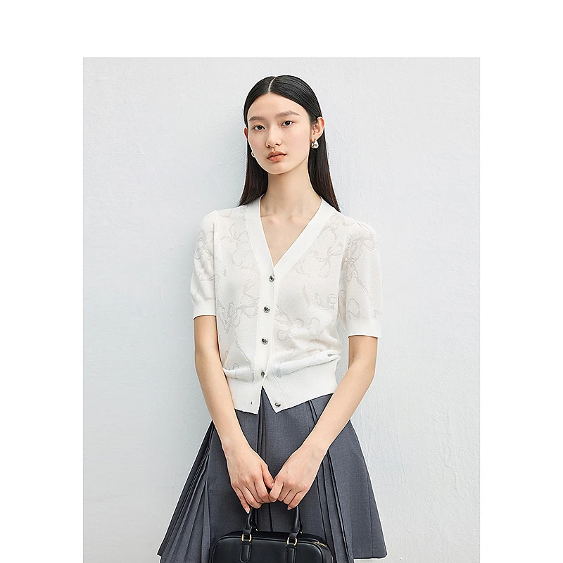 迪赛尼斯夏季通勤气质短款开衫优雅V领短袖毛针织衫女