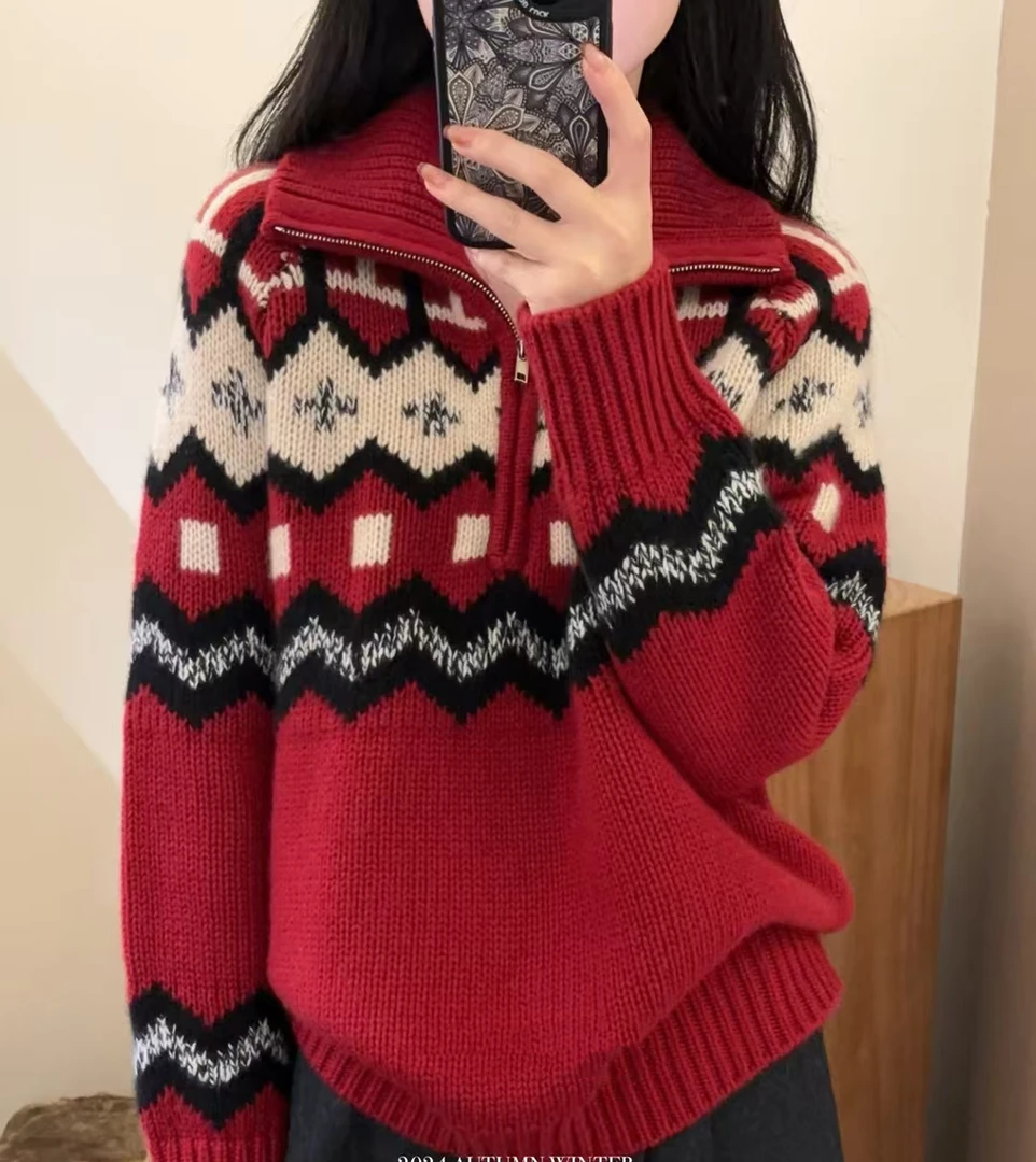 条纹圆领洋气宽松型秋冬常规女士撞色翻领加厚羊绒衫打底复古