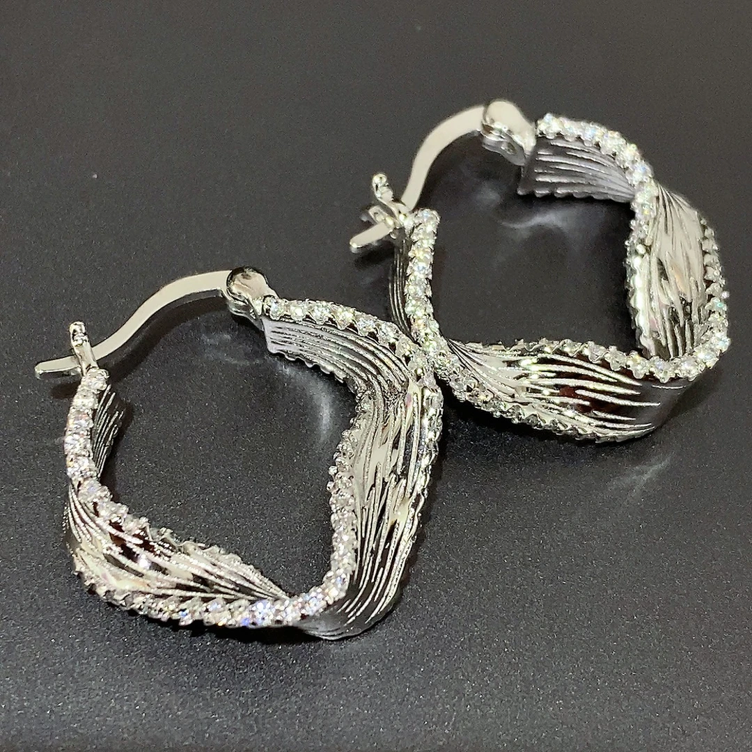 925银合成锆石耳饰 韩版重工肌理感螺旋锆石菱形耳扣