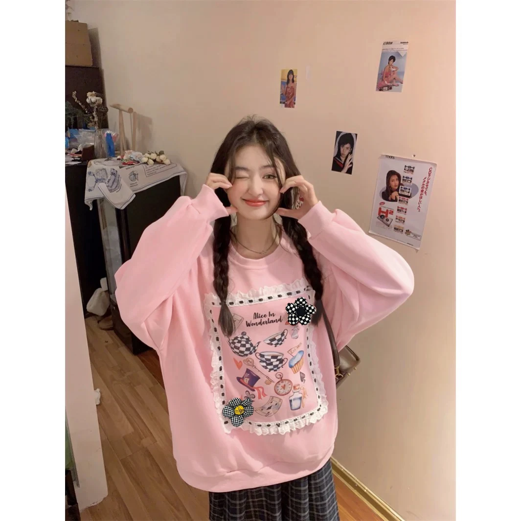 心动缪斯 / 甜美韩系印花卫衣13708花契200斤胖mm春季休闲时尚