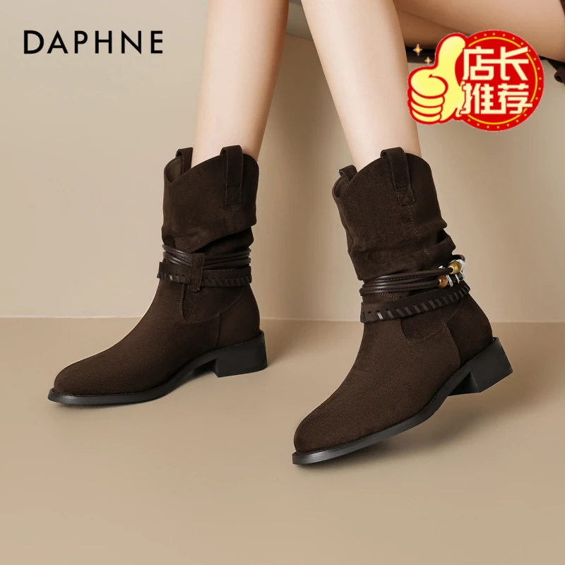 达芙妮英伦风西部牛仔靴女款2025秋季新款尖头粗跟流苏马丁靴短靴